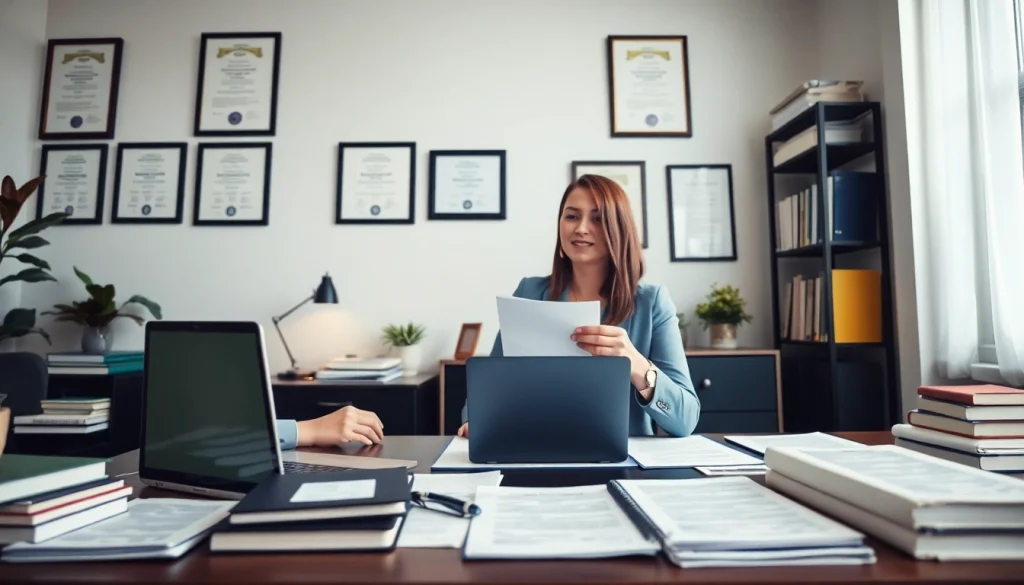 Traducteur assermenté à Lille travaillant dans un environnement de bureau professionnel, mettant en valeur la collaboration et l'expertise.