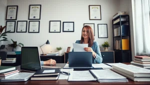 Traducteur assermenté à Lille travaillant dans un environnement de bureau professionnel, mettant en valeur la collaboration et l'expertise.