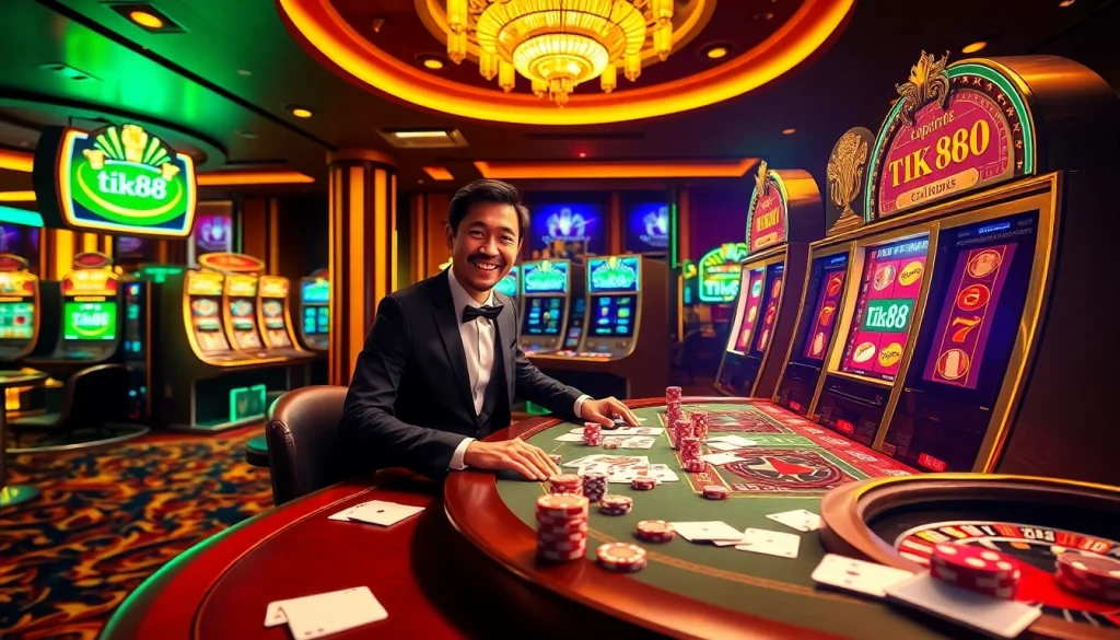 Người chơi say mê tận hưởng khoảnh khắc chiến thắng tại máy xèng Tik88 trong một casino sang trọng.
