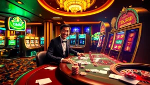 Người chơi say mê tận hưởng khoảnh khắc chiến thắng tại máy xèng Tik88 trong một casino sang trọng.