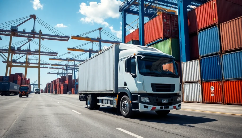 Capture drayage activity with trucks transporting containers efficiently at a busy port.