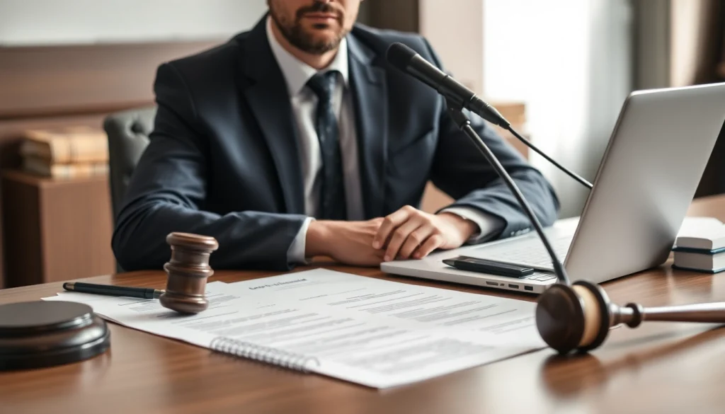 Soudní překladatel professionally translating legal documents in a courtroom.