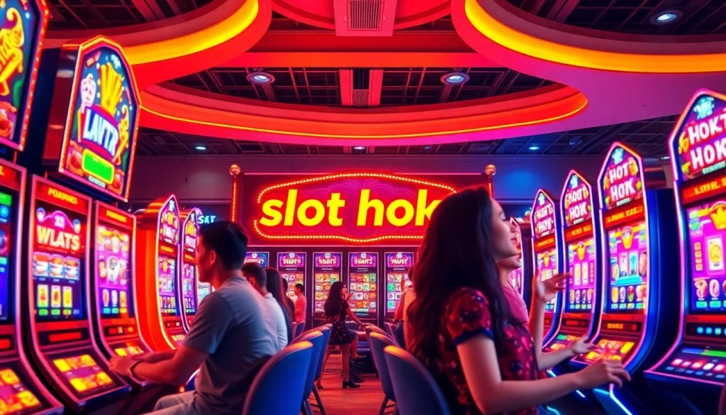 Exciting players engaging with a modern slot hoki machine in a vibrant gaming environment.