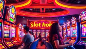 Exciting players engaging with a modern slot hoki machine in a vibrant gaming environment.