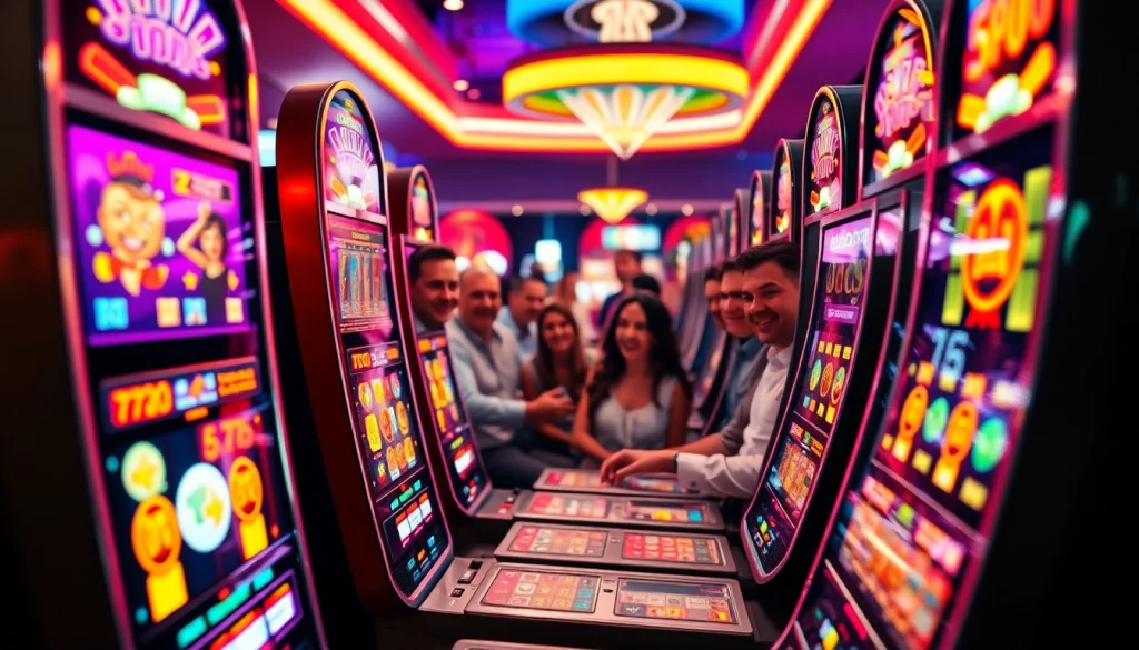 Aaksi menarik di mesin slot walettoto yang terang dan penuh energi dengan pemain yang terlibat.