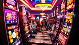 Aaksi menarik di mesin slot walettoto yang terang dan penuh energi dengan pemain yang terlibat.