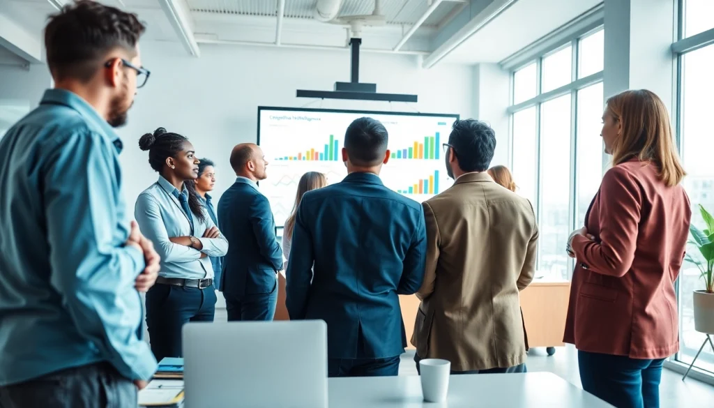 Discussing competitive intelligence strategies during a professional meeting with team members.