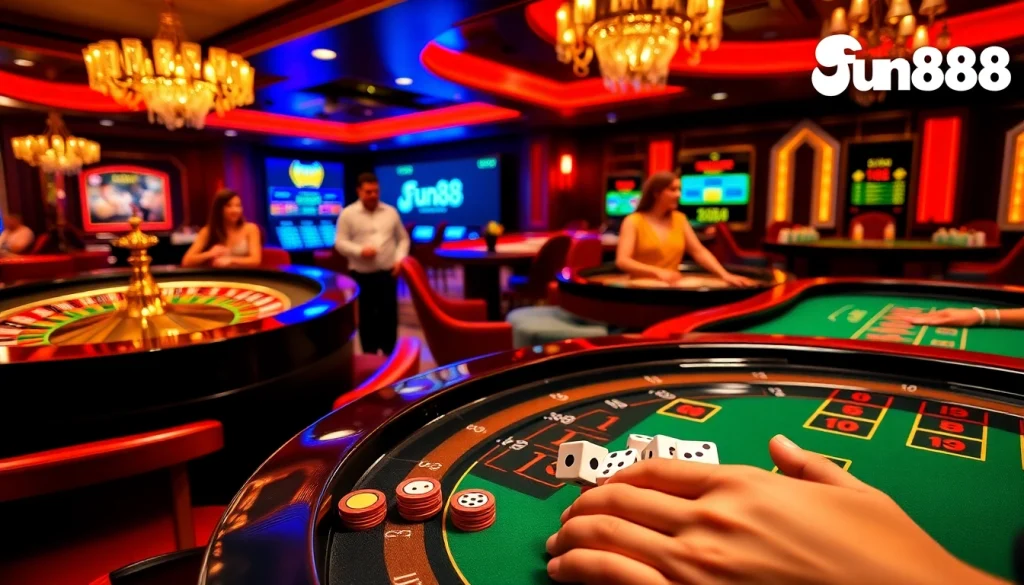 Gambling excitement at Fun88 link with colorful chips, roulette table, and lively players.
