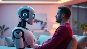 ai sex interaction between humanoid robot and human in a modern living room
