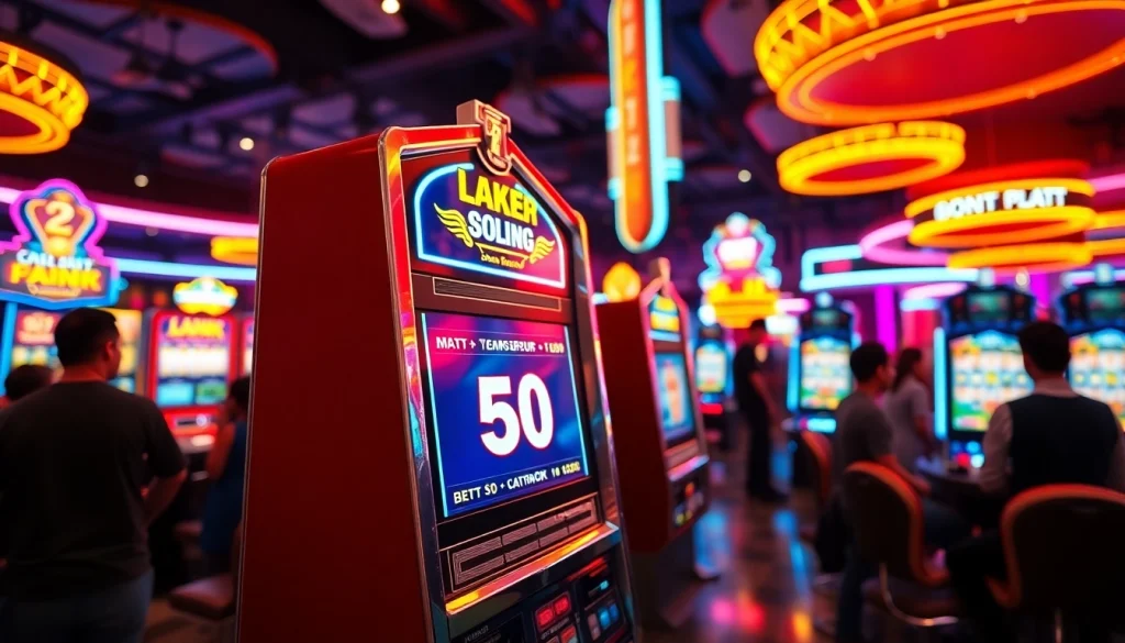 Menampilkan slot 50 perak pada mesin slot yang dikelilingi pemain di kasino yang meriah.