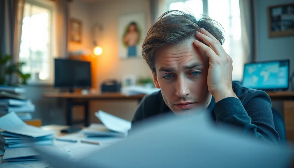Person experiencing brain fog struggles with focus in a cluttered home office.