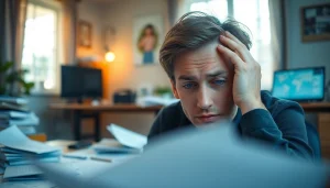 Person experiencing brain fog struggles with focus in a cluttered home office.