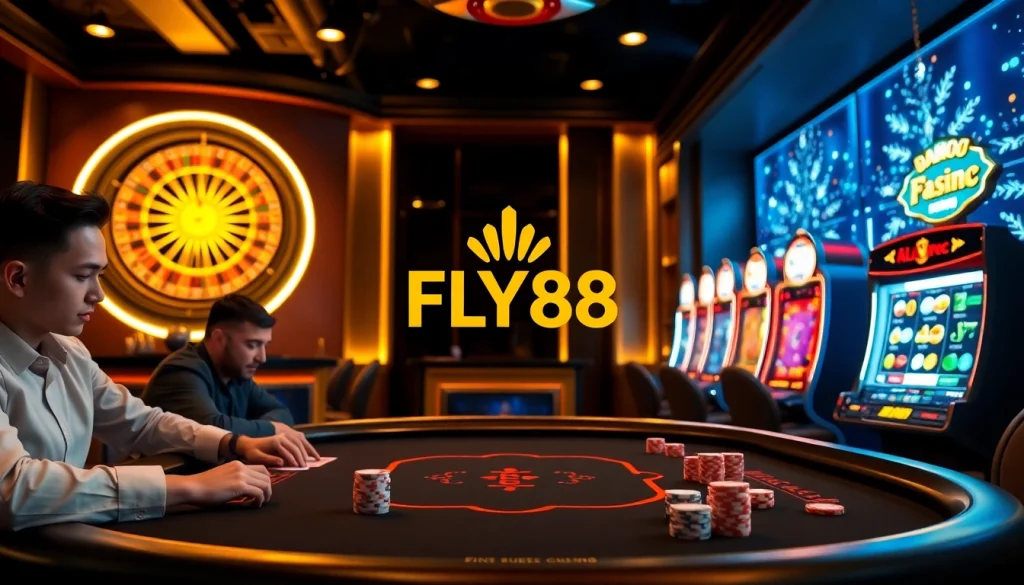 FLY88 players engage in an exciting game atmosphere at a luxurious online casino.