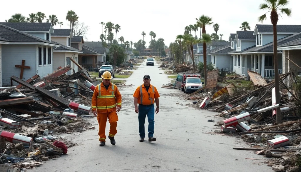 Evaluate Florida Hurricane Damage with emergency responders among debris and ruined homes.