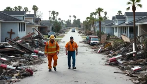 Evaluate Florida Hurricane Damage with emergency responders among debris and ruined homes.