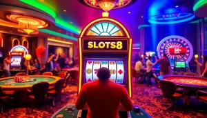 Players gather around the SLOTS8 machine for thrilling moments and big wins in a lively casino scene.