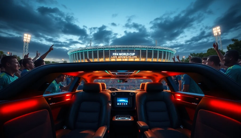 World Cup Group Transportation in a luxury limousine near a vibrant FIFA stadium in Los Angeles.