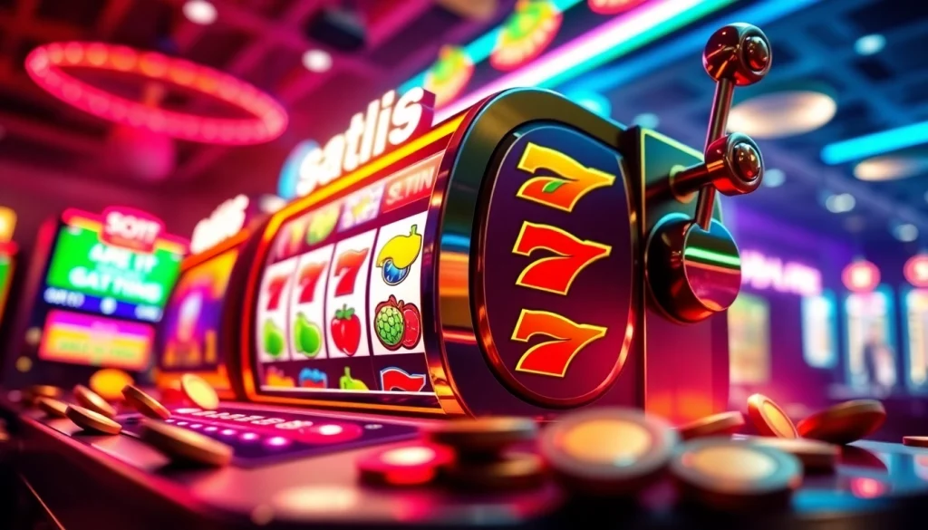 Slot pulsa yang menarik dengan simbol buah berwarna-warni dan suasana kasino yang ceria.