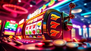 Slot pulsa yang menarik dengan simbol buah berwarna-warni dan suasana kasino yang ceria.