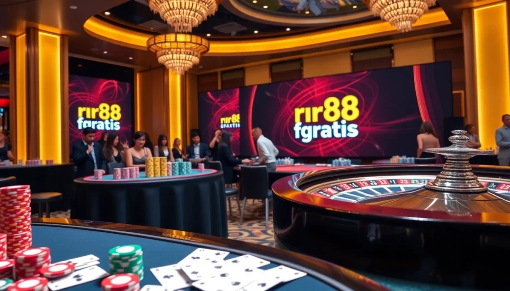 Experience the excitement of rr88 gratis at a vibrant casino with lively tables and players.