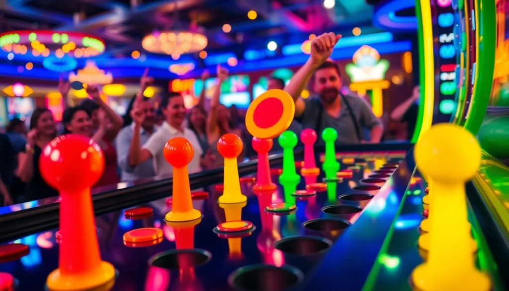 Permainan plinko yang penuh warna dan seru, dengan chip dijatuhkan oleh pemain.