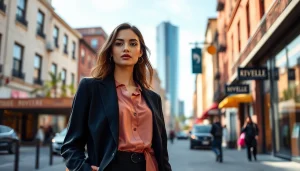 Showcasing elegant Rivelle clothing with a confident model against an urban backdrop.