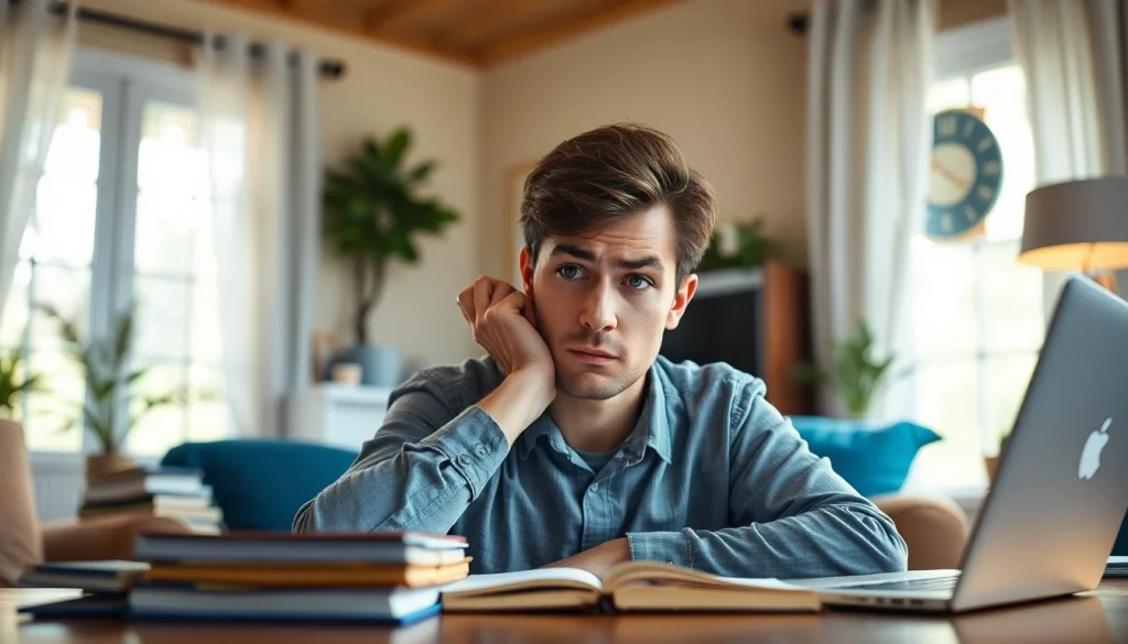 Person experiencing brain fog while working in a cozy home office setting.