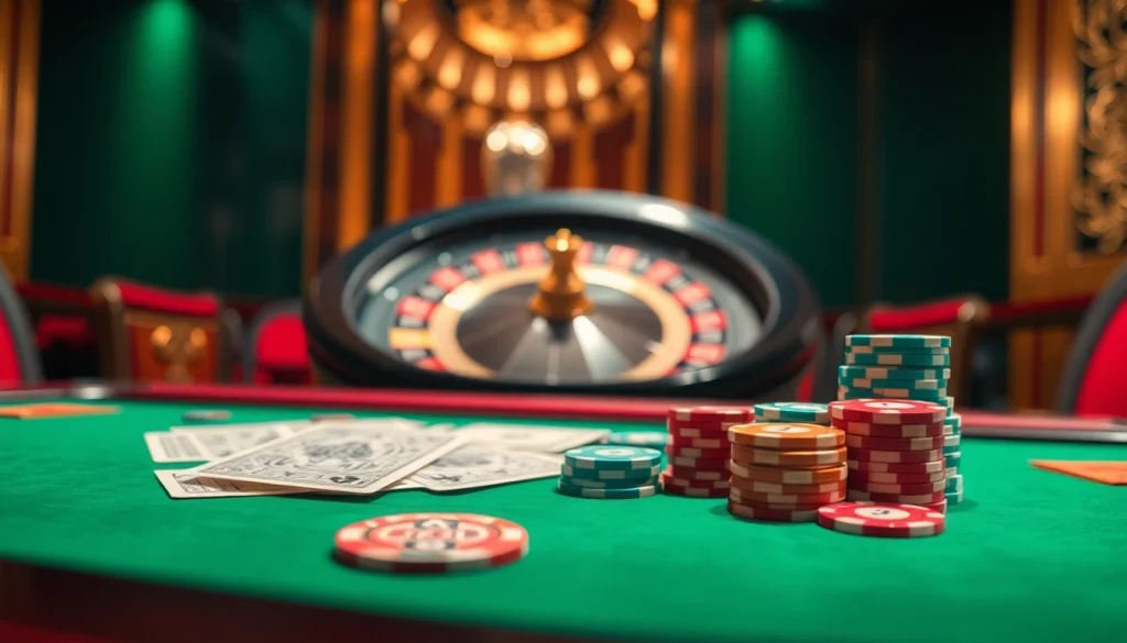 Gameplay Dewanaga89 dalam adegan kasino yang penuh warna menampilkan cip poker dan roda roulette.
