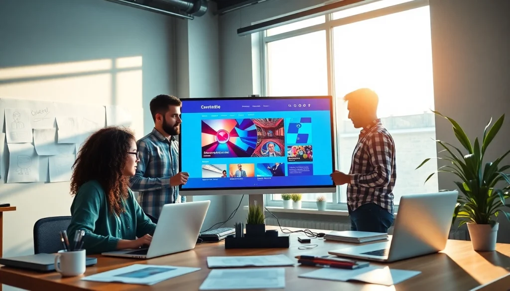 Customized web design studio showcasing a collaborative team creating a website according to client needs.