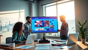 Customized web design studio showcasing a collaborative team creating a website according to client needs.