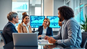 현대적인 사무실 환경에서 상품권신용카드를 활용한 전략을 논의하는 전문가들.