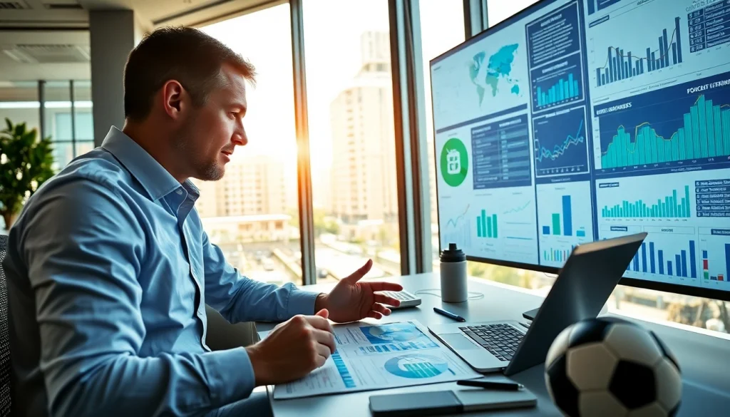 แสดง ผลบอลสด thscore บนหน้าจอแล็ปท็อปในสำนักงานที่ดูเรียบหรู