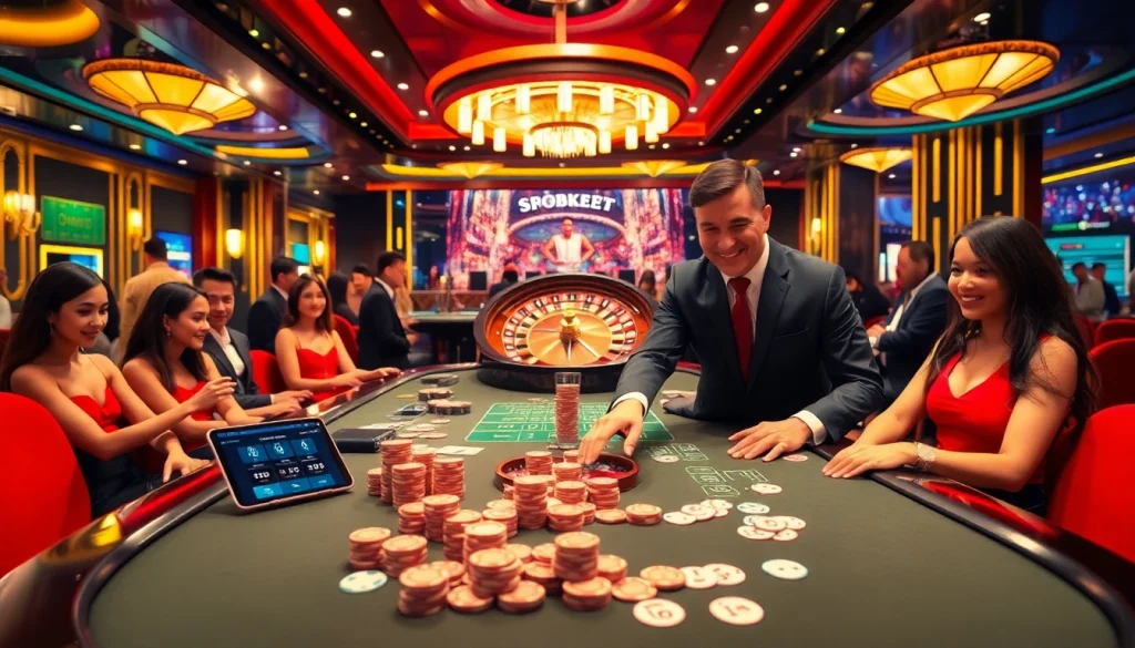 Sbobet players engaging in a vibrant casino atmosphere, betting on sports and games with excitement.