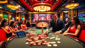 Sbobet players engaging in a vibrant casino atmosphere, betting on sports and games with excitement.