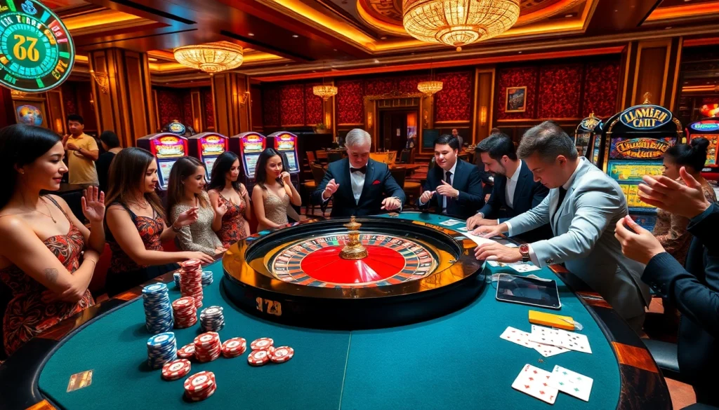 Excited players engaging around a roulette table while playing sc88 in a luxurious casino.