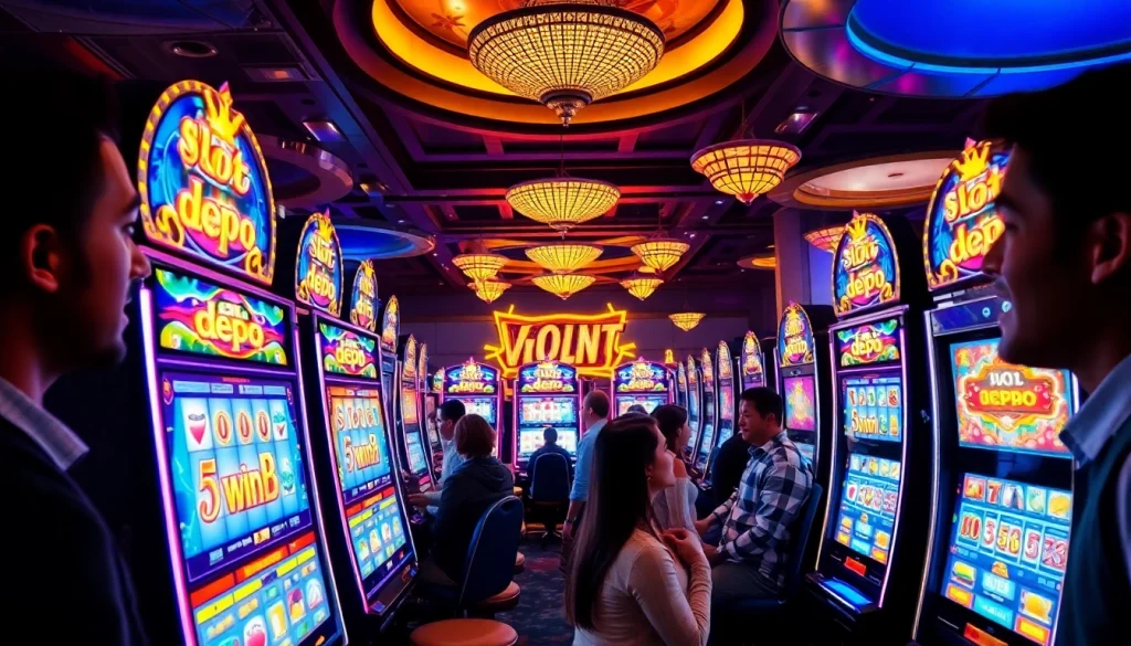 Pemain menikmati kegembiraan Slot Depo 5rb di mesin slot kasino yang penuh warna.