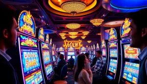 Pemain menikmati kegembiraan Slot Depo 5rb di mesin slot kasino yang penuh warna.