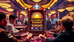 Experience excitement playing Olympus 1000 slot machine in a lively casino setting.