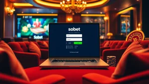 SBOBET login interface displayed in an elegant casino setting, surrounded by poker chips and cards.