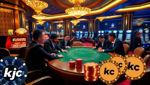 Players at a high-stakes poker table featuring KJC-branded gaming chips in a luxurious casino setting.