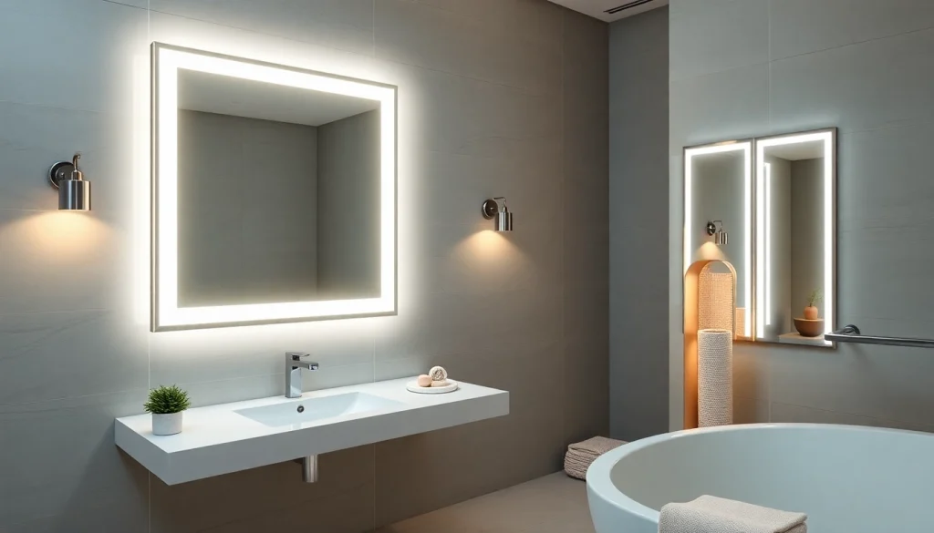Brightly lit mirror light mirror reflected in a stylish bathroom, emphasizing modern elegance and illumination.
