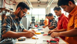 Engaged trainees in an electrician apprenticeship Hawaii program, hands-on learning with tools and blueprints.