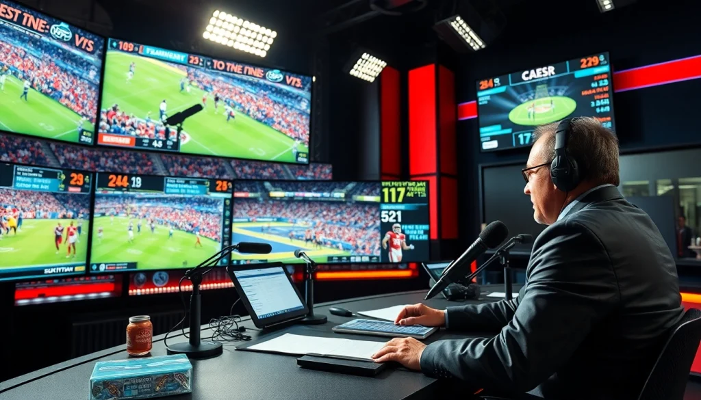 Dynamic scene of sports broadcasting featuring commentators and live game displays.