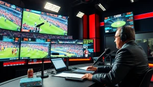Dynamic scene of sports broadcasting featuring commentators and live game displays.