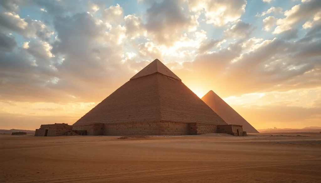Discover piraminds through a majestic view of the Great Pyramid of Giza at sunset.