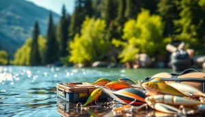 Showcasing fly fishing accessories laid out in a serene river setting to enhance the fishing experience.