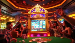 Excited players engage with the slot demo mahjong machine in a vibrant casino setting.