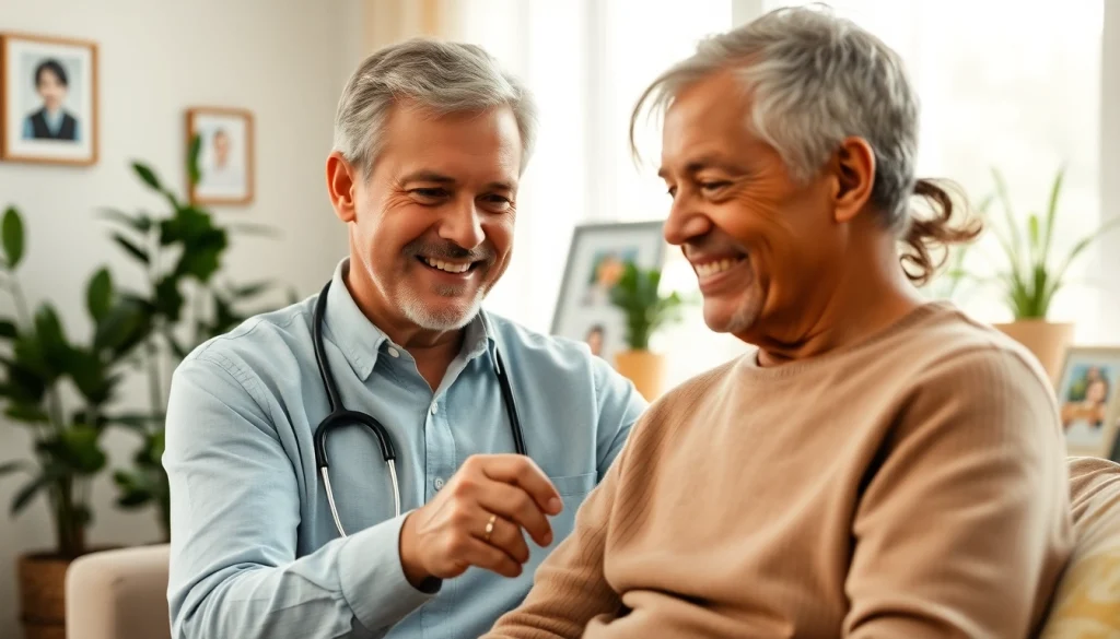 Engaging scene showcasing austin senior home care with a caregiver assisting a senior in a cozy living room.