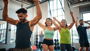 Resistance bands for pull-ups in a vibrant fitness gym scene showcasing diverse individuals exercising.
