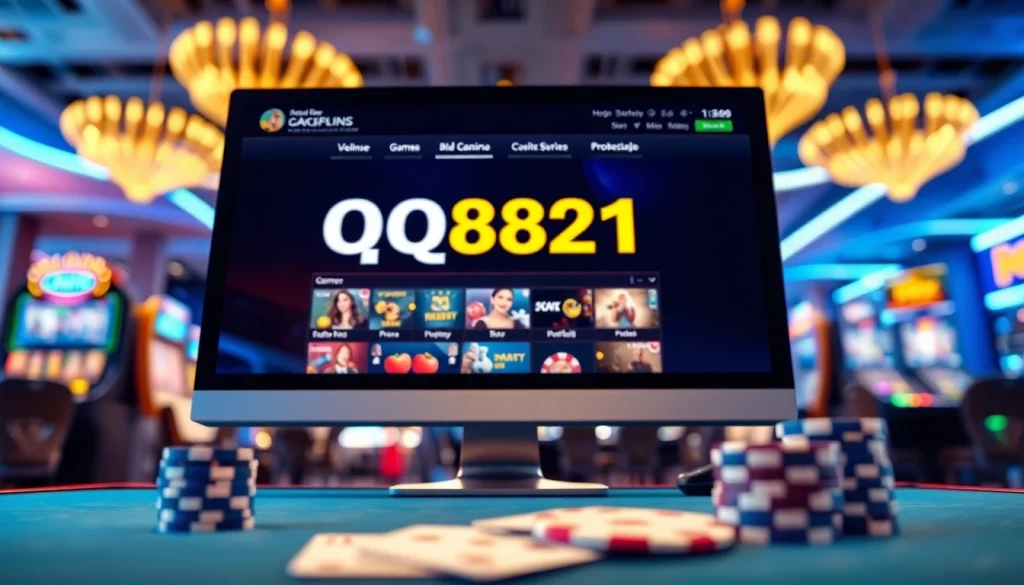 Menampilkan antarmuka taruhan online qq8821 dengan suasana kasino yang modern.